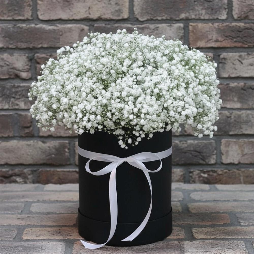 Цветочная композиция из Гипсофила в шляпной коробке в Романовка Ленинградская область