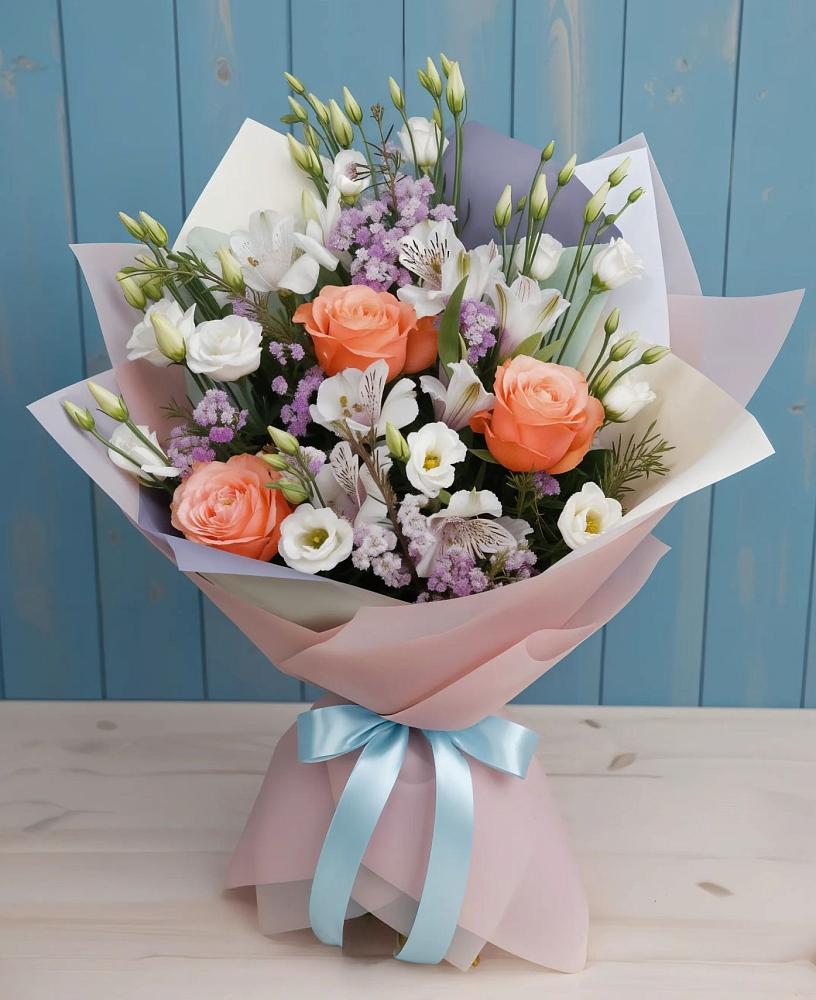 Букет цветов из: Лизиантусы, Розы, Альстромерии и Гипсофила в Романовка Ленинградская область