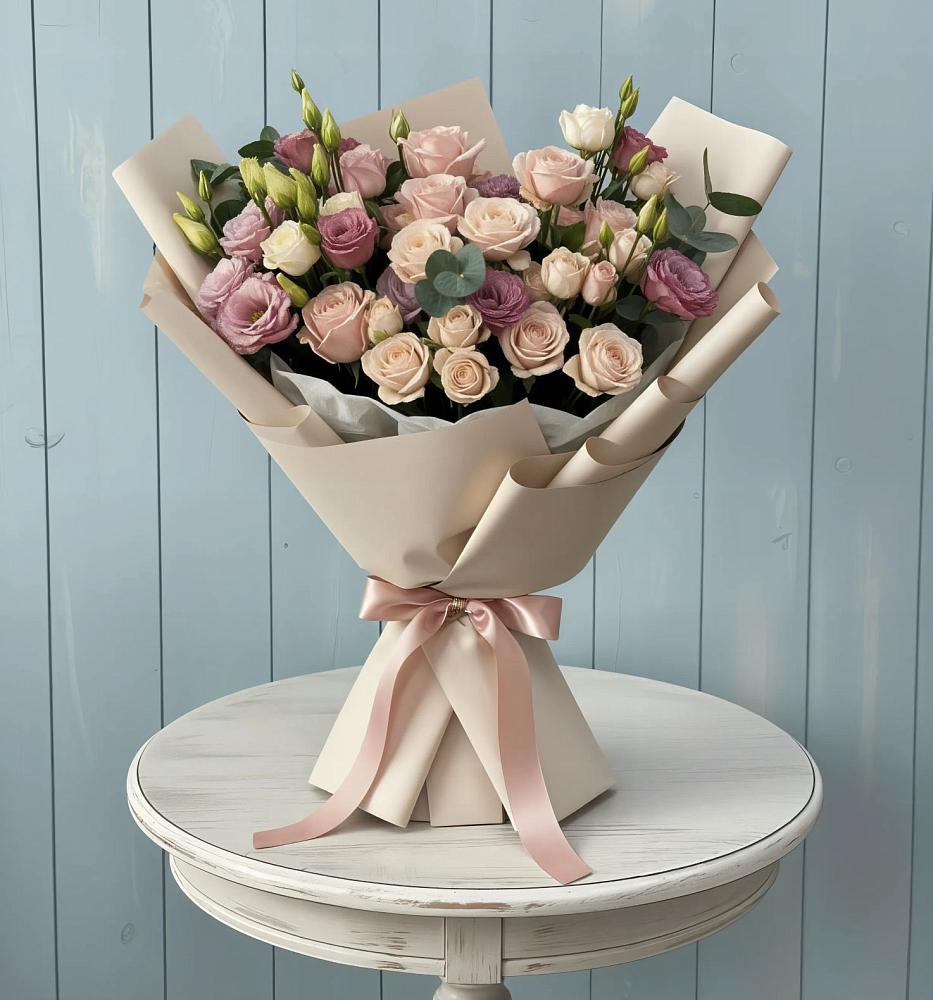 Букет цветов из: Розы и Лизиантусы в Романовка Ленинградская область