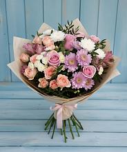 Букет цветов из:  Хризантемы, Розы и Альстромерии в Романовка Ленинградская область