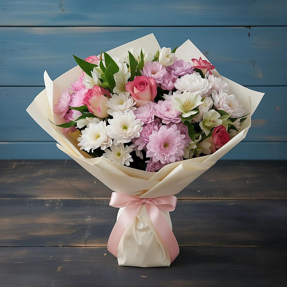 Букет цветов из: Хризантемы, Альстромерии и Розы в Романовка Ленинградская область